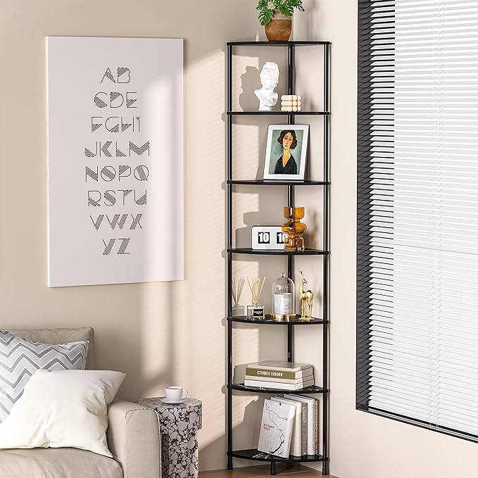 Book Corner Shelf, 7 Tier Corner Bookshelf Display for Living Room Decor, 64.7" Standing Shelf Bookcase Organizer, Marble Black Storage Shelves for Bedroom, Bathroom, Small Space