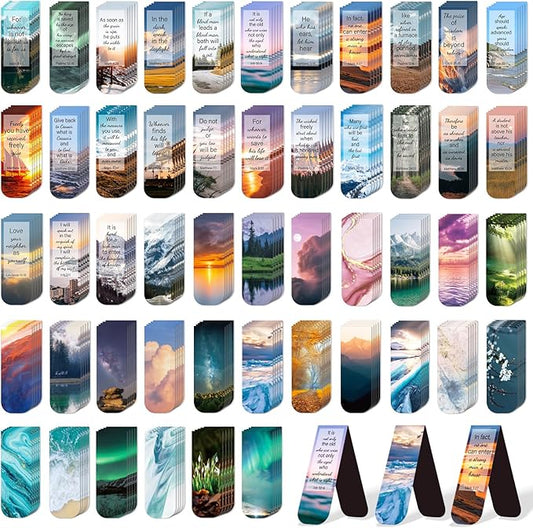 100 Pack Bible Magnetic Bookmarks Christian Scenery Magnet Bookmark Clips for Women Men Book Lovers Bible Page Markers for Teachers Students Reading School Office Home, Printing on 2 Side
