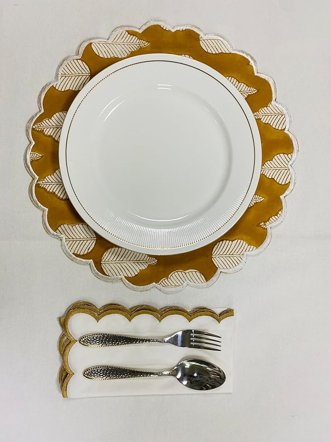 Ridhi Yellow Leaves Bo-ho Round Place Mat Double Layer Floral Cotton Washable Placemats 15" Round Embroidery Block Print Table Mat Pack of 4-15 Inch Round