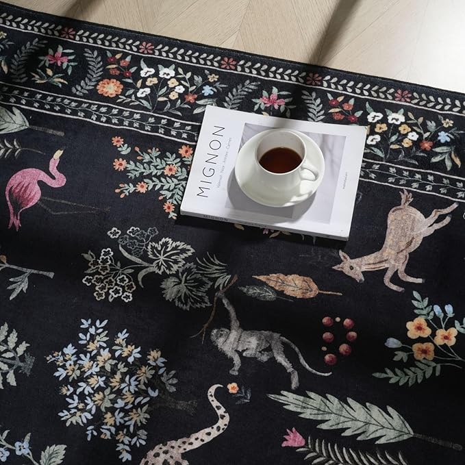 Bedroom Rug 3x5 Rug Washable Area Rug Non Slip Low Pile Boho Floral Animal Small Carpet for Bedroom, Bedside, Kitchen, Entryway, Kids Room, Office, College Dorm Essentials for Girls (Black)
