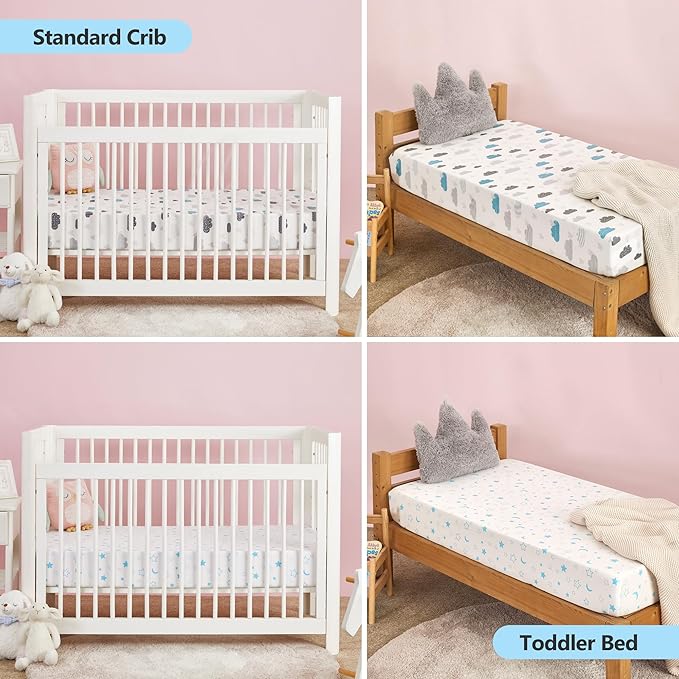 TILLYOU Baby Crib Sheets for Boys Girls, Fitted Crib Sheet 2 Pack for Standard Crib and Toddler Mattresses, Super Soft Toddler Bed Sheets, 28"x52"x8", Blue Clouds & Blue Stars
