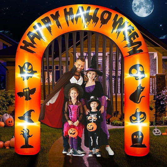 Halloween Arch Inflatables, 8.5ft Pumpkin Archway Outdoor, Blow Up Archway Decoration with Built-in LEDs, Printing with Happy Halloween & Witch Hat Pumpkin&Skull&Cat&Hand, Bats for Yard
