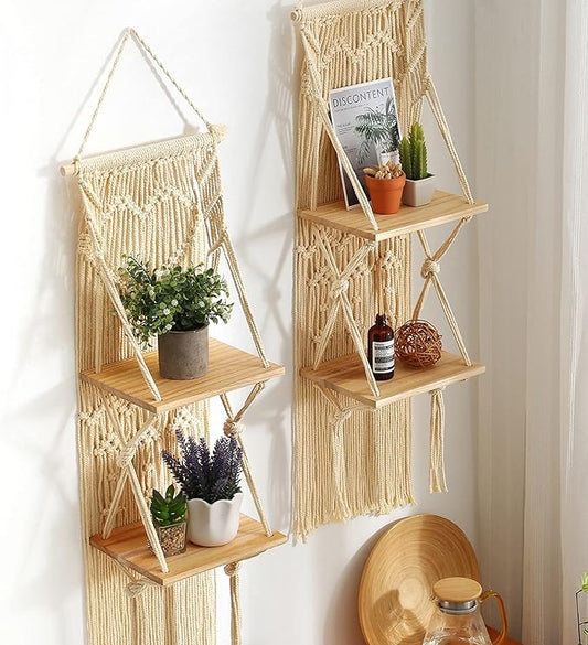MAKEONEWO Macrame Wall Hanging Shelf Set of 2 Macrame Shelves Handmade Decorative Floating Boho Shelf-Plant Shelf Display Rack to Organize and Decor for Living Room, Bedroom, Bathroom (10" W/2 Tier)