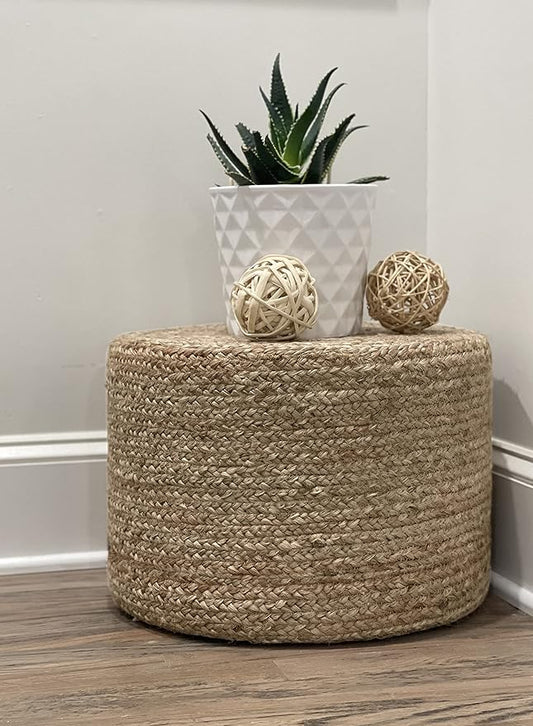 Scandilivin Homes Pouf Ottoman - 100% Natural Jute Braided- Footrest Pouf Hand Knitted - Traditional Cord Boho Pouffe - for The Living Room, Bedroom, Nursery, Patio, Lounge (18”x18”x12”)