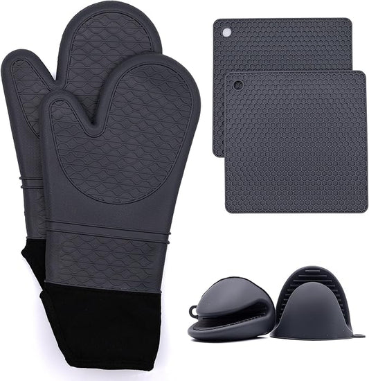 Extra Long Oven Mitts and Pot Holder Set for Ultimate Kitchen Safety- hot Pads and Oven Mitts- Heavy Duty- Silicone Heat Resistant Oven Mitts and Pot holde(Dark Gray)