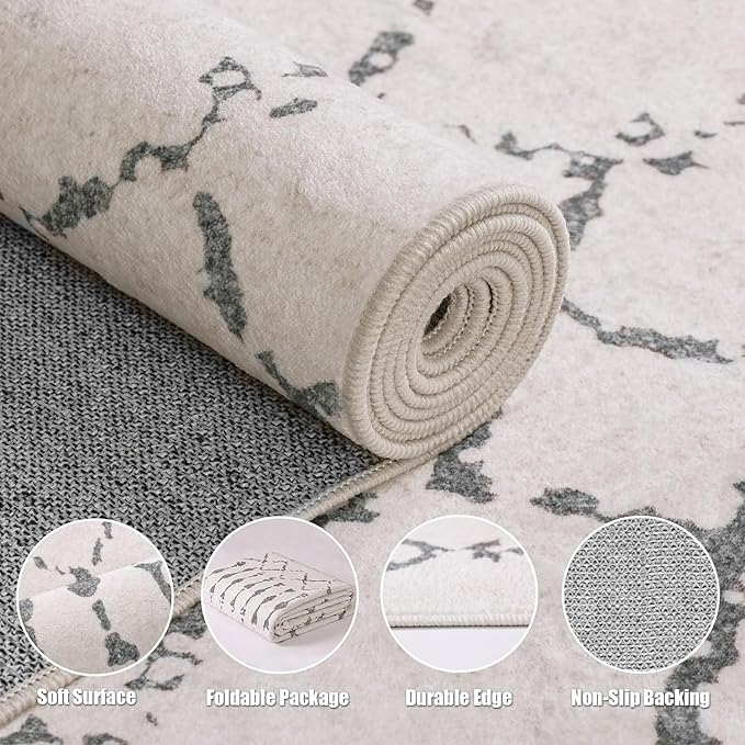 Extra Large Area Rug 10x14 Area Rugs for Living Room, Washable Rugs Moroccan Boho Farmhouse Rug with Non-Slip Backing, Soft Low Pile Floor Carpet Neutral Rug for Bedroom Dining Room, Off White/Grey