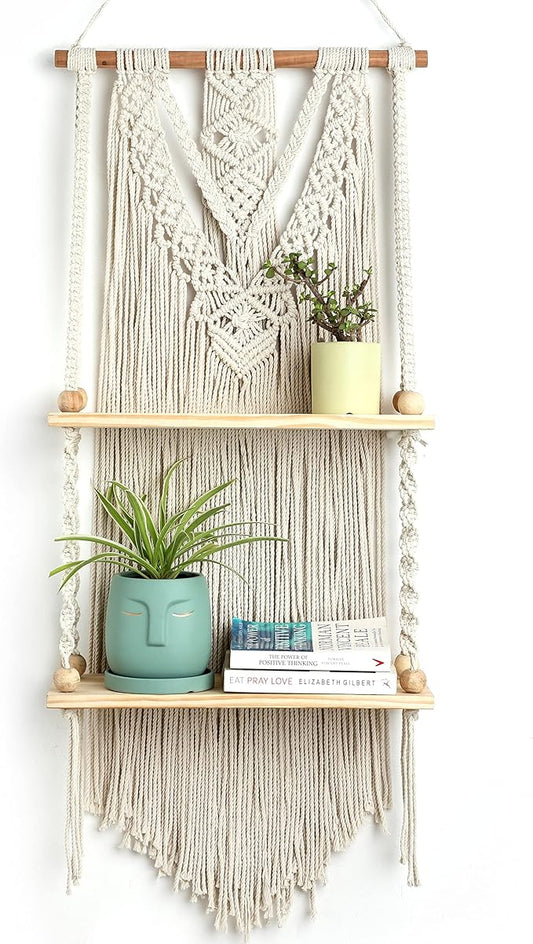 Macrame Wall Hanging Shelf - Boho Shelves Bedroom Decor | Macrame Wall Decor for Kitchen, Plant Hanger Shelves for Wall, Woven Rope Floating Shelves & Home Storage Organizer - 2 Tier