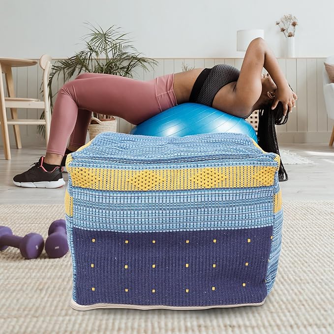 VOSAREA Square Pouf Ottoman Cover - Boho Linen Cushion Decorative Unstuffed Thick Cotton Linen Tatami Buttocks Cushion (Sky-Blue)
