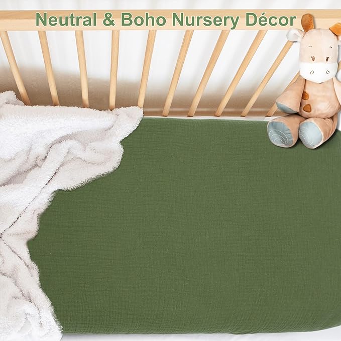 Muslin Bassinet Sheet for Baby Boy and Girl-2 Pack 17"x 33" Soft Bedside Bassinet Sheets Fitted for Rectangle, Round, Oval, Hourglass Mattress-Neutral Boho Olive Green & Beige Colors