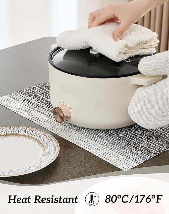 Leetaltree Black with White Woven Placemats Set of 6 - Heat Resistant Non-Slip Place mats for Dining Table, Washable Durable PVC Vinyl Woven Table Mats(Black with White, 6)