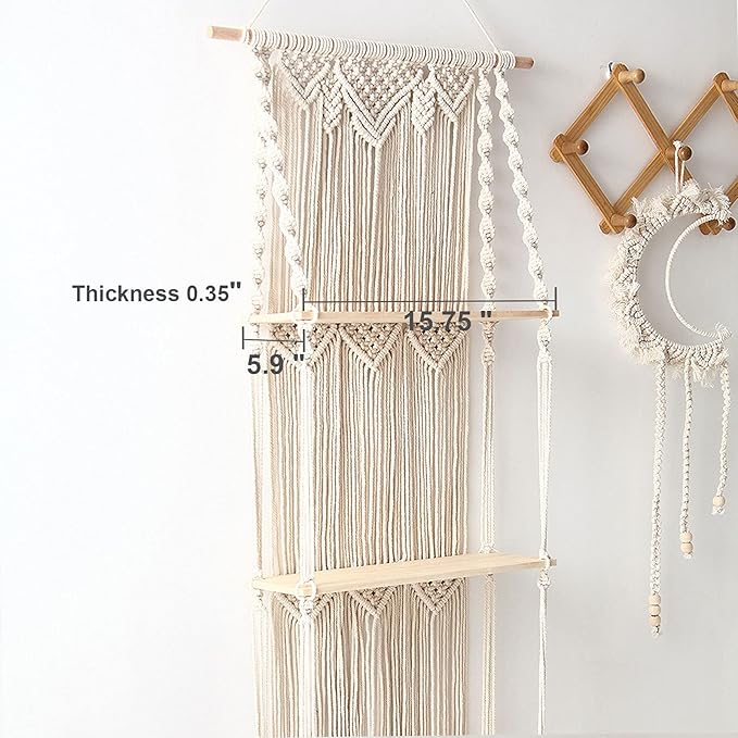 ELASAD Macrame Wall Hanging Plant Shelf, 3-Tier Macrame Shelves Boho Bathroom Shelf, Handmade Boho Floating Shelves for Plants and Decor