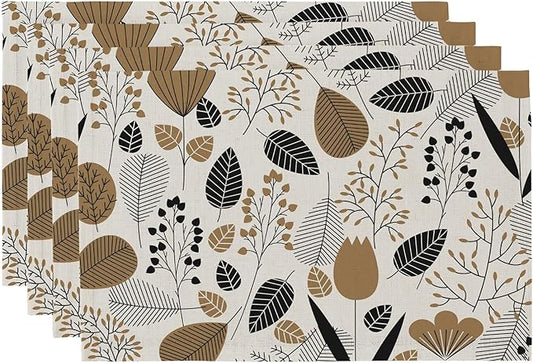 QIYI Boho Placemats Set of 4, 12x18 Inch Linen Fabric Place Mats for Kitchen Dinning, Farmhouse Rustic Graphic Leaves Cloth Table Mats, Brown Washable Placemat Party Table Décor, Botanical Line Art