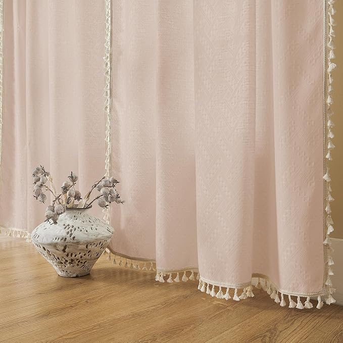 Joydeco Dusty Pink Boho Curtains 63 Inch Length 2 Panels, Super Soft Bohemian Farmhouse Curtains with Tassels, Semi Sheer Light Filtering Drapes for Bedroom Living Room (Rod Pocket, 52Wx63L)