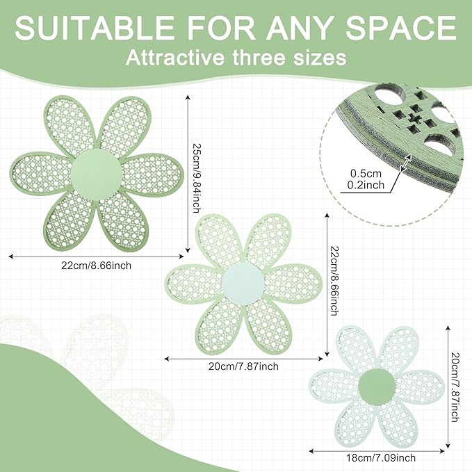 Maitys 3 Pieces Boho Daisy Wall Decor Natural Rattan Flower Wall Hanging Art Wooden Boho Art Nursery Flowers Farmhouse Hanging Decor for Home Office Nursery(Gradient Sage Green)