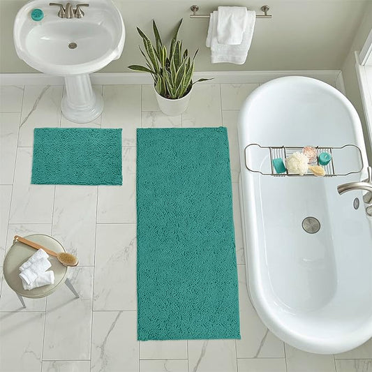 LuxUrux 2-Piece Bathroom Rug Set - Ultra-Plush Chenille Mats, Includes Runner Rug, Soft, Absorbent, Non-Slip & Stylish (27x47 & 16x24 inches, Turquoise)