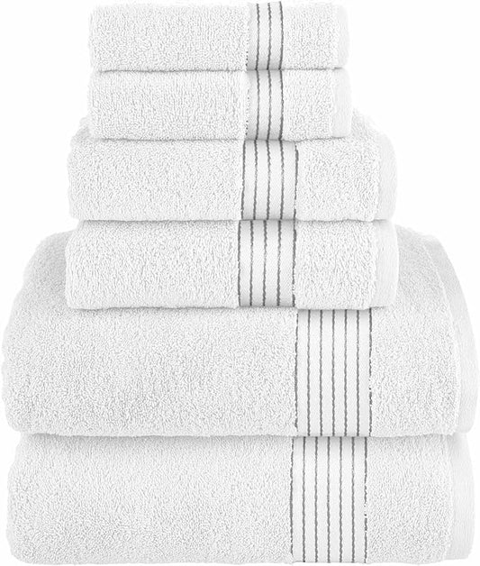 Elegant Comfort Premium Cotton 6-Piece Towel Set, Includes 2 Washcloths, 2 Hand Towels and 2 Bath Towels, 100% Turkish Cotton - Highly Absorbent and Super Soft Towels for Bathroom, White/Gray
