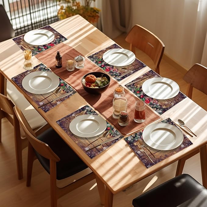 Christmas Placemats Set of 6,Washable Heat Resistant 12×18 Inch Linen Table Mats Wooden Place Mats for Party Outdoor Dining Décor