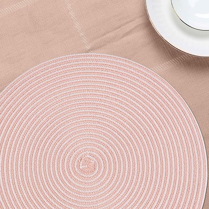 Noctiflorous 15 Inch Round Placemats Set of 6 Durable Braided Woven Heat Resistant Table Mats for Indoor Outdoor Non Slip Dining Table Place Mats(Pink White, 6)