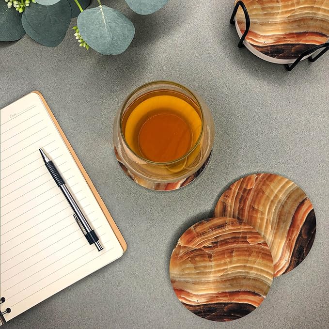 Emerson Essentials Coasters for Drinks Absorbent with Holder, Set of 6, Cork Bottom Ceramic Stone Modern Marble Style for Wooden Coffee Bar Tables, Glass Tabletop Non Slip, Housewarming