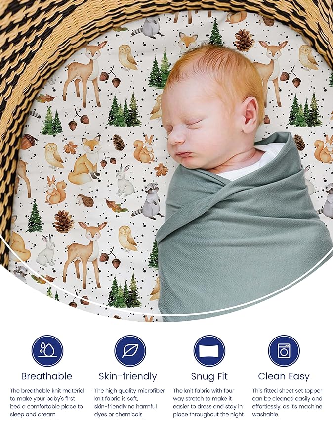 TotAha Premium Soft Bassinet Sheet for Boy Girl, Super Stretchy Jersey Knit Bassinet Fitted Sheet, Compatible with Halo, Maxi COSI, Mika Micky, SNOO, and Other Bassinet, 2 Pack (Forest Animals)