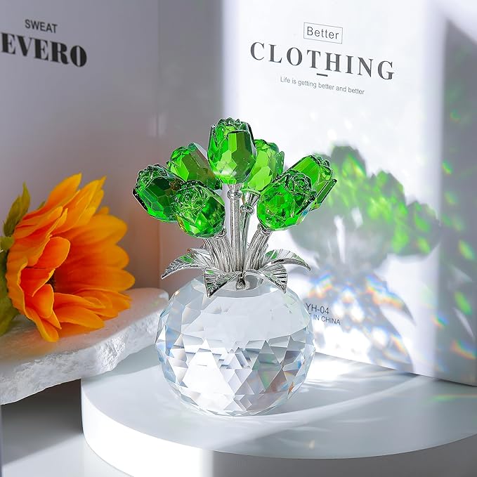 Green Rose Flower Crystal Figurine with Vase, Bouquet Flowers Ornament Gifts for Wife Girlfriend Women , Handmade Crystal Flower Collectible Home Table Decor for Valentine's Day Wedding Anniversary