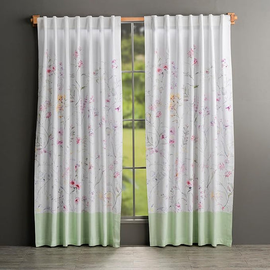 Maison d' Hermine Curtains for Living Room 100% Cotton 96 inch Length Two Panels Light Filtering Curtains for Bedroom Windows with Rod and Loop Pockets Drapes (Summer Floral Green, 50" W x 96" L)