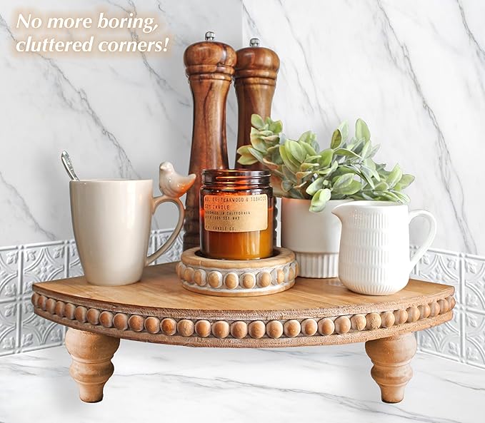 Farmhouse Corner Shelf Stand [with Removable Feet] - Bathroom Countertop Organizer, Decorative Tray Riser, Beaded Wooden Tray, Corner Tray Plant Stand, Coffee Bar Organizer for Kitchen Countertop