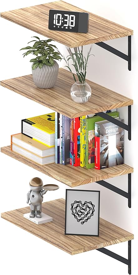 Deep Floating Shelves 10" D x 16.5" W Set of 4, Rustic Wood Wall Bookshelves for Living Room, Kitchen, Laundry Room, Bathroom, Bedroom, Books, Plants, and More (Varnished)