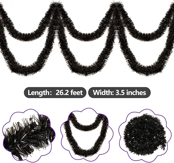 26.2 Feet Black Holiday Tinsel Garland for Christmas,Halloween, Birthday, Weddings, Party Decorations, Xmas Foil Tinsel Garland for All-Season Home Indoor Outdoor Party Supplies(Black)