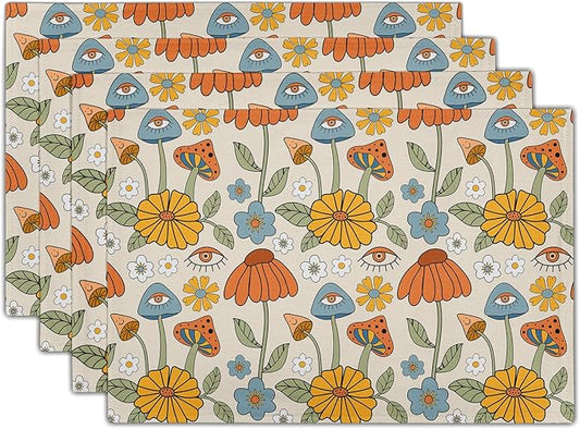 Retro Boho Floral Placemats Set of 4 70s Vintage Cute Abstract Mushrooms Fun Linen Washable Kitchen Dining Table Mats Stain Heat-Resistant Desktop Decor Place Mats for Home Party Dinner 12x18 in