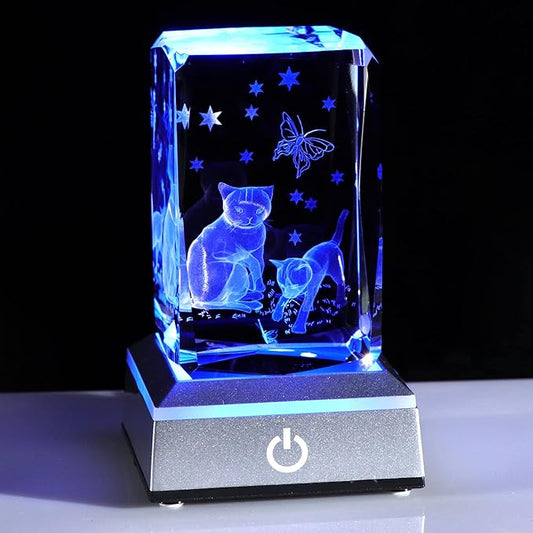 Crystal 3D Cats with Butterfly Figurine - Cat Themed Gifts for Women & Men - Glass Keepsake Ornaments with Colorful LED Light - Birthday Gifts for Friends