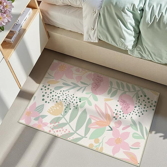 Pink Area Rug 2x3 Washable Boho Entryway Door Mat Non Slip Kitchen Carpet Cute Bedroom Soft Kids Botanical Indoor Accent Rug for Office Dining Room Nursery Bathroom Farmhouse