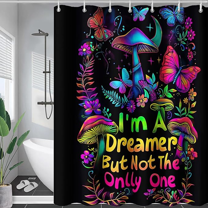AILONEN Mushroom Shower Curtain,Colorful Butterfly Flower Decoration,Polyester Fabric,Waterproof,Botanical Fungus Plants Black Bath Curtains Washable,with 12 Plastic Hooks, 72" W x 96" H