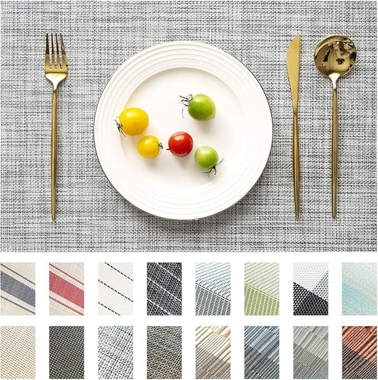 Placemats Set of 12 Vinyl/Plastic Woven Place Mats for Kitchen Table Indoor/Outdoor Washable Placemat Wipeable Dining Table Mats (Grey,12)
