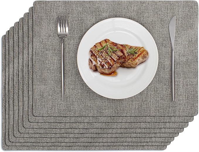 Softalker Faux Leather Placemats Set of 8-Vinyl Heat Resistant Place Mats, 100% Waterproof Oilproof Wipe Clean Table Mats for Indoor & Outdoor Use, 17’’×12’’, Light Grey
