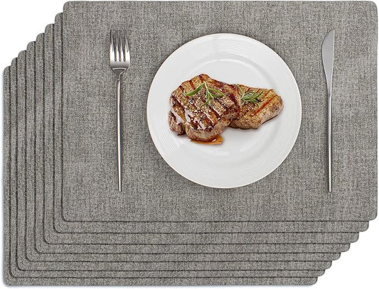 Softalker Faux Leather Placemats Set of 8-Vinyl Heat Resistant Place Mats, 100% Waterproof Oilproof Wipe Clean Table Mats for Indoor & Outdoor Use, 17’’×12’’, Light Grey