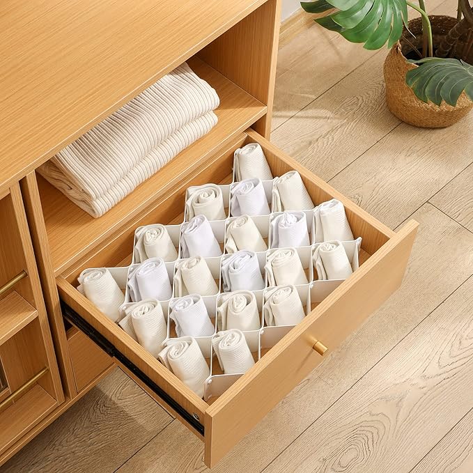 ROUFA Sock Drawer Organizer for Dresser, Honeycomb Underwear Dividers for Women, Panty Separator for Bras, Socks, Belt and Leggings (12pcs.White)