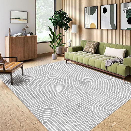 Washable Area Rug 8x10 - Large Grey Boho Rugs for Living Room Soft Abstract Bedroom Rug Ultra-Thin Modern Rainbow Carpet Stain Resistant Rug for Dining Room Nursery Room Home Decor