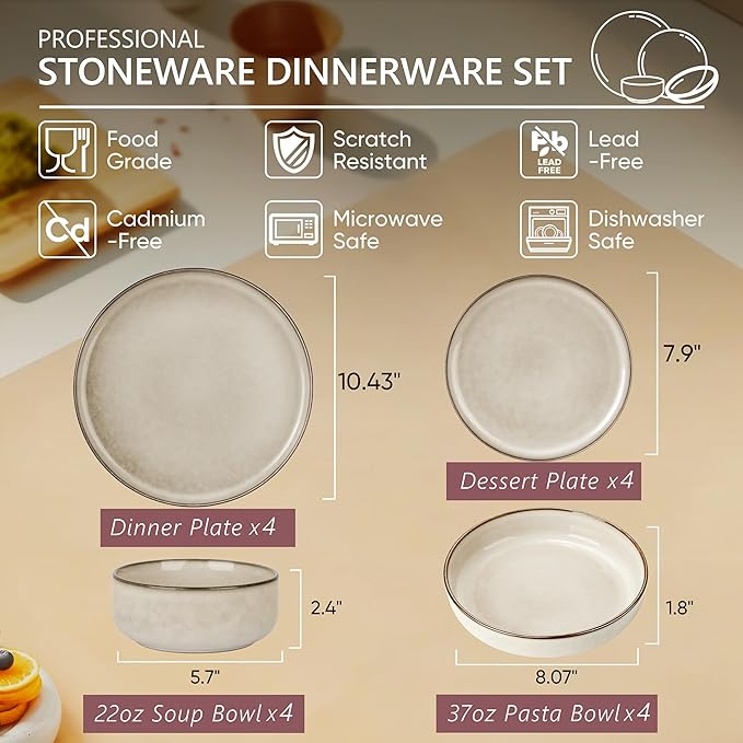 Herogo Dinnerware Sets with Pasta Bowls, 16 Piece Plates and Bowls Set for 4, Modern Stoneware Dinner Dishes for Kitchen Dinning, Dishwasher & Microwave Safe, Cream Khaki