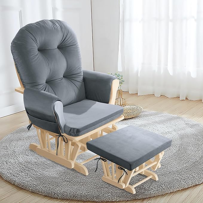 5 PCS Velvet Glider Rocker Replacement Cushions with Side Storage Pocket, Thickened & Supportive Cushions Set for Indoor Nursery Rocking Chair, Dark Grey