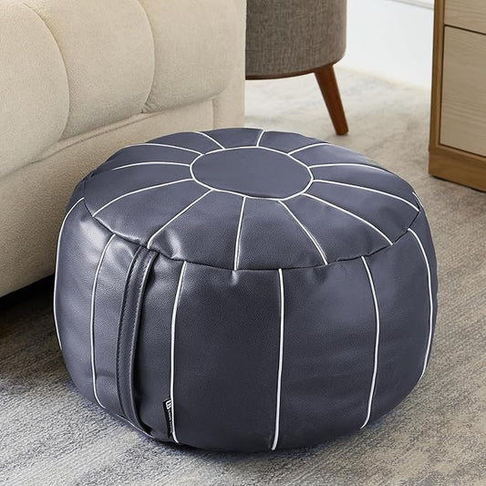 Louis Donné Unstuffed Pouf Ottoman Cover, Faux Leather Foot Stool for Foot Rest, Moroccan Style Pouffe Ottomans, 21" Round Handmade Small Bean Bag Covers for Storage, Footstools for Living Room