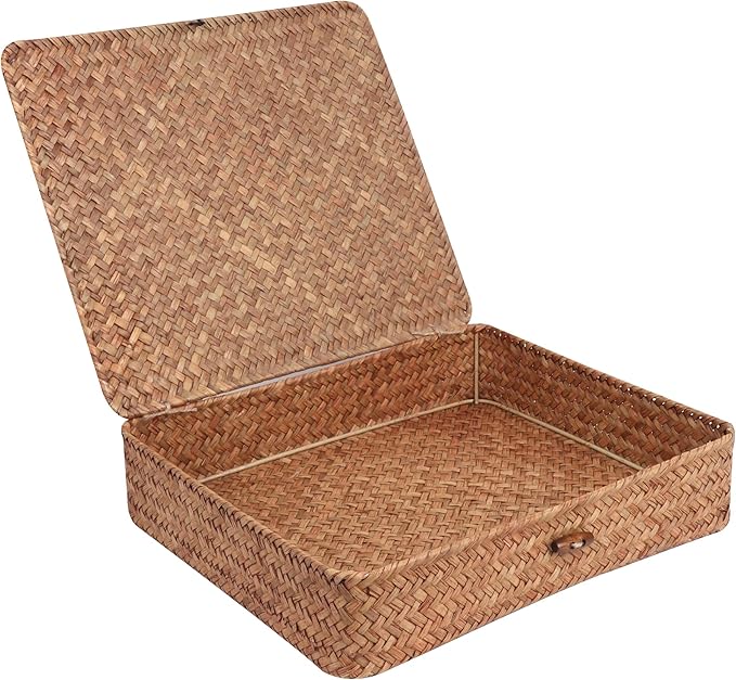 Flat Wicker Shelf Baskets with Lid, Handwoven Seagrass Basket Boxes for Storage Baskets Bins Home Decor Organizer (Coffee Large)