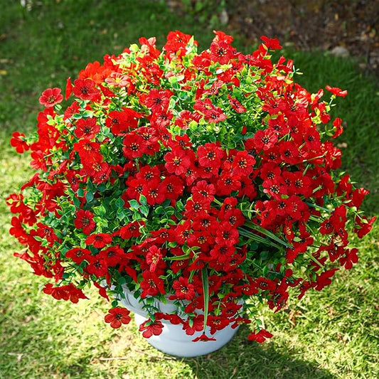 24 Bundles Artificial Flowers for Outdoors Decoration, UV Resistant Silk Violet Faux Colorful Daisy Eucalyptus Spring Fake Plants for Outside Indoor Yard Home Patio Porch Decor, Red