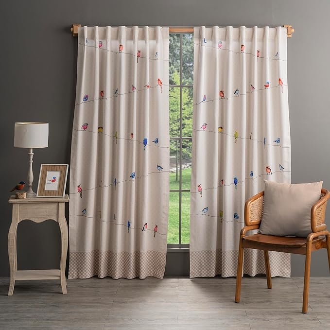 Maison d' Hermine Curtains for Living Room 100% Cotton 124 inch Length Two Panels Light Filtering Curtains for Bedroom Windows with Rod and Loop Pockets Drapes (Birdies On Wire, 50" W x 124" L)