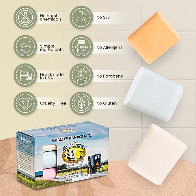 Amish Farms Bar Soap w/All Natural Bentonite Clay (6 Bars) Made in USA, Vegan Moisturizing for Sensitive Skin | Women & Mens Face & Body Bar Bath Soap for Shower | Clean Scent | 5 Ounce Each