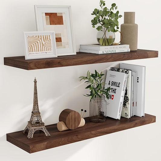 40"W x 9"D Floating Shelves, 9.3 Inch Deep Wall Shelves Set of 2, Farmhouse Rustic Floating Shelf 40 Inch Long, Wide Storage & Display Shelves for Bathroom, Living Room, Kitchen, Walnut Color