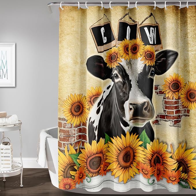 AILONEN Cow Shower Curtains for Kids Boys Girls,Farm Sunflower Cow Bath Curtains for Bathroom Decor,48" W*72" H Polyester Waterproof with 12 Plastic Hooks