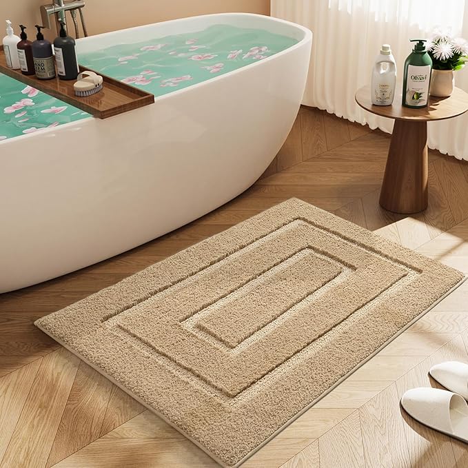 HOMORE Beige Bathroom Rugs 24x36 Inch Bathroom Runner Rugs Non Slip Washable, Soft and Absorbent Microfiber Bath Rug, TPR Backing Bath Mat, Plush Bath Rugs and Mat for Shower Floor