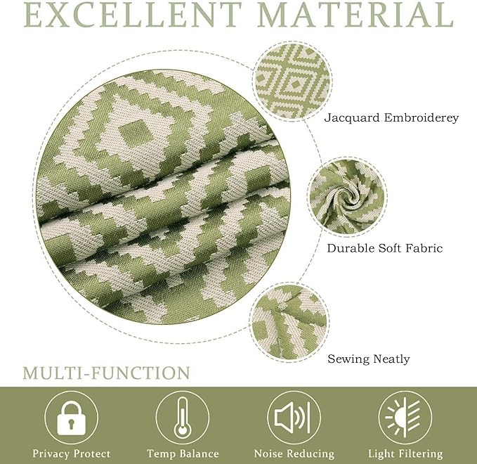 ColorBird Sage Green Curtains 63 inch Length, Geometric Room Darkening Curtains for Bedroom, 2 Panels Boho Curtains for Living Room Sliding Glass Door