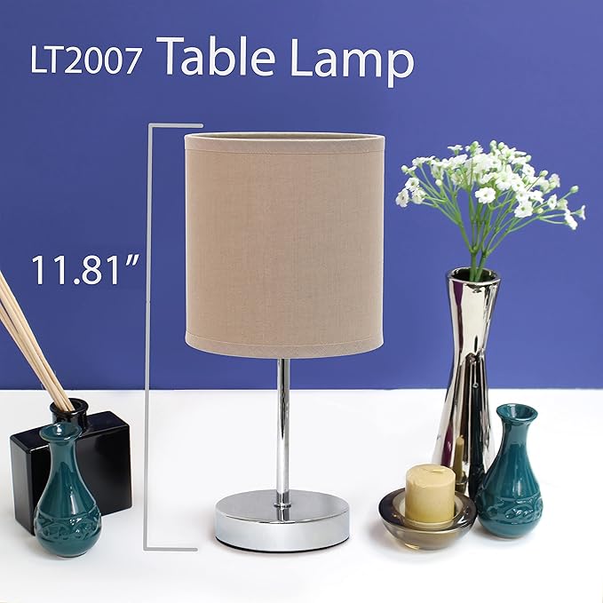 Simple Designs LT2007-GRY-2PK Chrome Mini Basic Table Lamp with Fabric Shade 2 Pack Set, Gray